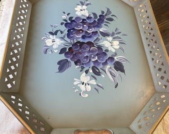 Vintage Hand Painted Blue Floral Metal Serving Tray | Large Octagon Cottage Farmhouse Vanity Coffee Table Decor