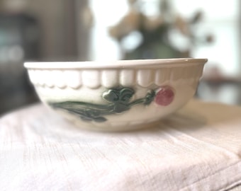 Vintage USA Art Pottery Bowl Pink Flowers Green Leaves | K-10 Large Floral Ceramic Serving Bowl | Cottage Decor