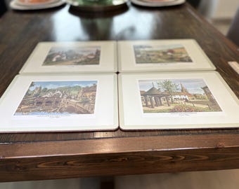 Vintage Pimpernel English Villages Placemats Set of 4, 1970s England Cork Back Table Mats, Cottage Kitchen Decor