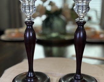 Vintage Wood & Glass Candlestick Holders Pair, Tall Turned Wood Candle Holders, Clear Tulip Glass Cups, Traditional Cottage Decor