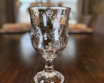 Vintage Anchor Hocking Savannah Clear Water Goblet 7.25" Embossed Floral Pressed Glass Stemware Made in USA