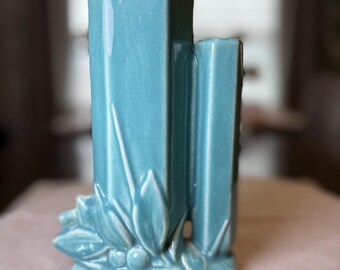 Vintage Double Bud Vase Aqua Blue Art Pottery | Art Deco Floral Vase | Twin Stem Vase | Unmarked Ceramic Vase | Mid Century Decor