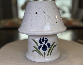 Vintage White Pine Pottery Iris Candle Lamp Luminary, 1996 USA Blue Floral Ceramic Votive Holder