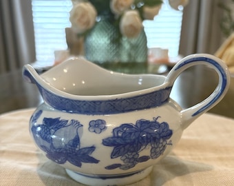 Vintage Andrea by Sadek Blue White Porcelain Creamer | Fruit Chinoiserie Pitcher | Grandmillennial Table Decor