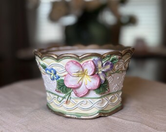 Vintage Fitz and Floyd Classics Floral Cachepot Planter Raised Flowers Gold Trim Cottage Decor