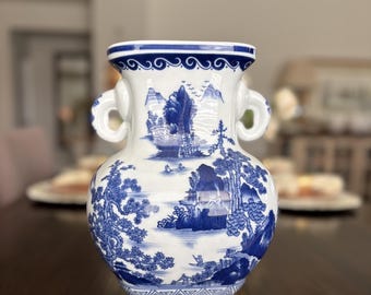 Bombay Company Blue & White Chinoiserie Porcelain Vase with Wood Stand, Large 11.5" Landscape Vase