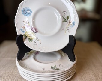 Vintage J&G Meakin Sterling Floral Saucers Set of 7 | England | 6” Blue Yellow Purple Flowers | Mid Century English China