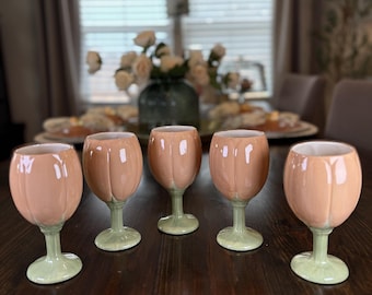 Vintage Ceramic Tulip Goblets Set of 5 Pink Peach Green Studio Pottery Wine Glasses Signed HM