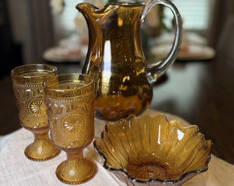 Vintage Amber Glass Serving Set 1970s Pitcher Goblets Flower Bowl Harvest Gold Thanksgiving Table