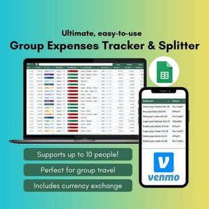 May include: A laptop and smartphone displaying a group expenses tracker and splitter. The laptop shows a spreadsheet, while the phone displays payment details. Text includes "Ultimate, easy-to-use Group Expenses Tracker & Splitter."