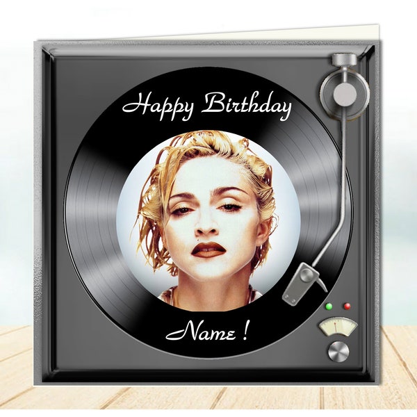 Madonna themed birthday card, in the shape of a retro vinyl record player, 3D personalised card,
