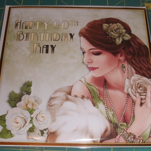 Art deco card for female birthday with glamour lady in fur with white roses