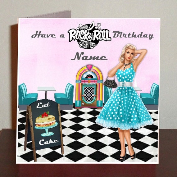 Retro Rock and Roll Girl With Polka Dot Dress in Diner With Jukebox Card,  Rock and Roll Birthday, 1950s Inspired Card, - Etsy