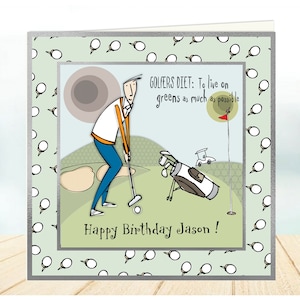 Funny Male golf birthday or Father's Day card from Bloke range "Golfer's diet: to live on greens as much as possible", golf birthday card.