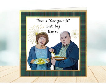Funny cartoon Beth & Eric Two Doors Down birthday card, Scottish card, tartan card, funny birthday card, unisex birthday card