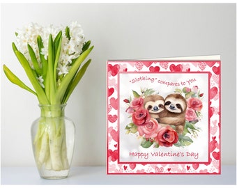 Cute Valentine's Day or Wedding Anniversary cards with watercolour Sloths with roses and flowers, unisex Valentine