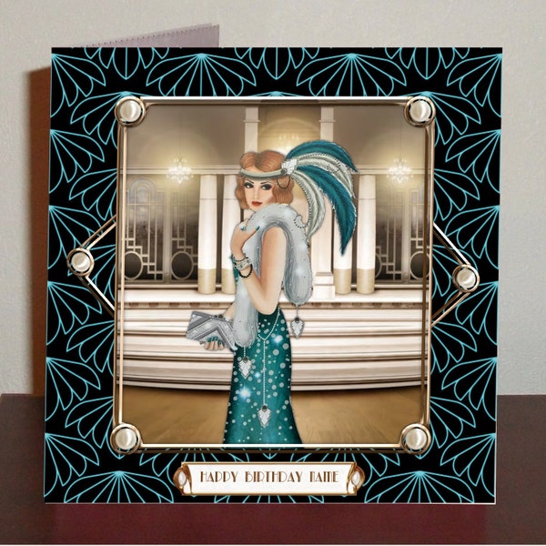 Art Deco Glamourous Flapper with feathers and fur Birthday cards