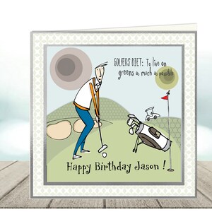 Funny Male golf themed birthday card from Bloke range "Golfer's diet: to live on greens as much as possible", golf birthday card.