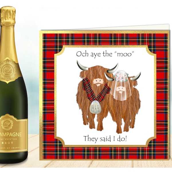 Funny Highland Cow Wedding card with various tartans, Highland Cow bride and groom wedding card,