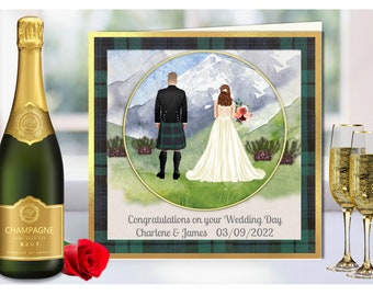 Scottish Wedding cards,Personalised Scottish Wedding card bride and groom in kilt with various tartans,