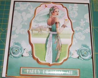 Carte d'anniversaire femme Art Déco dame aux courses