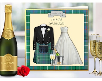 Scottish Wedding cards,Personalised Scottish Wedding card bride and groom in kilt with various tartans, gay, lesbian