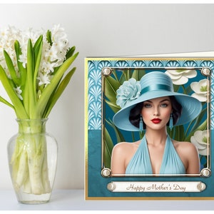 Mother's Day or Birthday Art Deco Elegant Lady Card in a hat with floral background for female friends or relatives