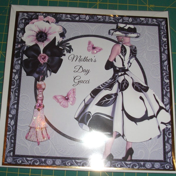 3D birthday card with Elegant lady in black and white dress and hat with matching flowers