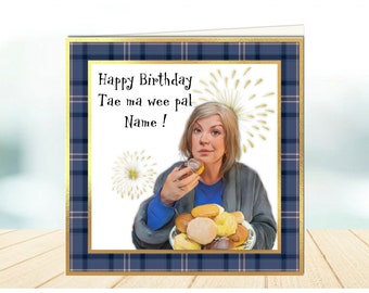 Funny cartoon Christine Two Doors Down birthday card, Scottish card, tartan card, funny birthday card, unisex birthday card