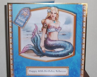 Female art deco Mermaid birthday cards with 3D decoupage layers