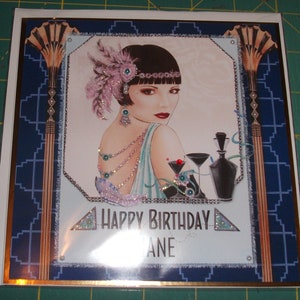 Art deco themed birthday card with flapper lady and cocktails