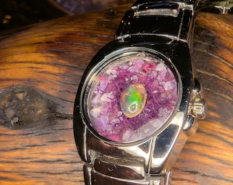 Mexican Fire Opal set in watch with UV reactive Hackmanite and Lab Ruby