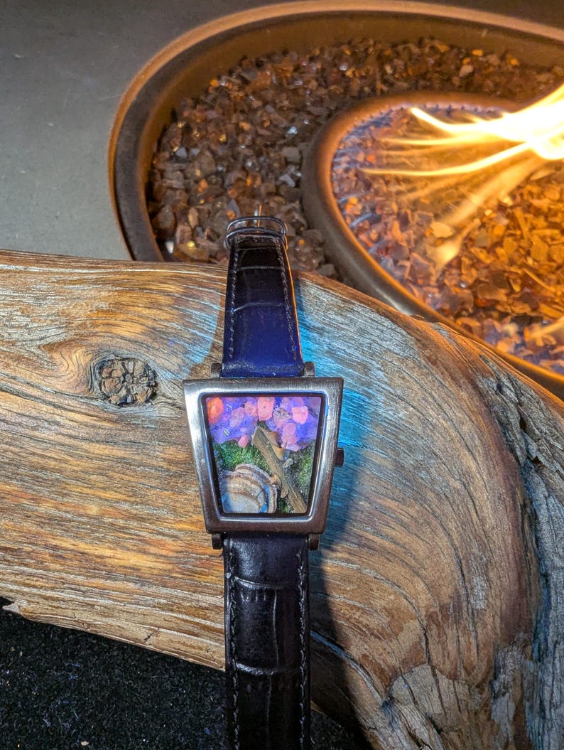 May include: A rectangular wristwatch with a silver case and a black leather strap. The watch face features a colourful floral design. The watch is set against a backdrop of wood and a fire pit.