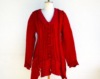 long jacket red felted wool, unique art to wear, S size, fleece, steamed wool fabric, warm lightweight wearable art artsy D18