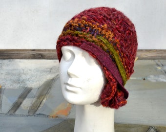 retro cloche hat magenta orange red felt 1920 1930 knit winter tangerine womans winter beanie, unique Hand knited asymmetric art to wear