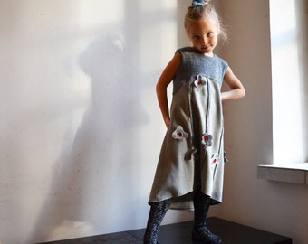 girls dress grey wool by ZOJKA, 4 - 5 years size toddler, 110 cm size, OOAK unique kids fashion, eco friendly look, embroidery flower 135