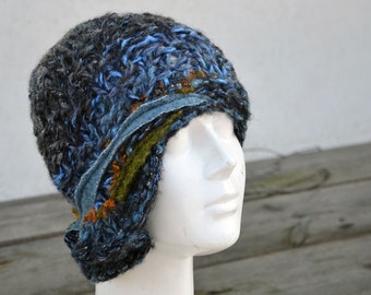 winter cloche hat, retro blue knit hat, gray unique womans beanie, jeans blue turqoise, woman art to wear fashion knitted flapper hat 31