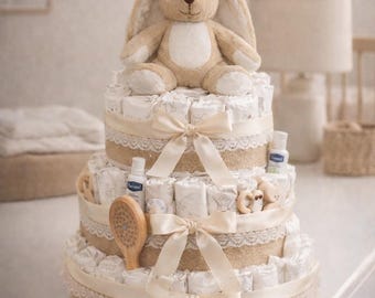Diaper Cake Neutral – Cadeau Naissance Bébé – Gâteau de Couches Bohème – Baby Shower Gift – Beige
