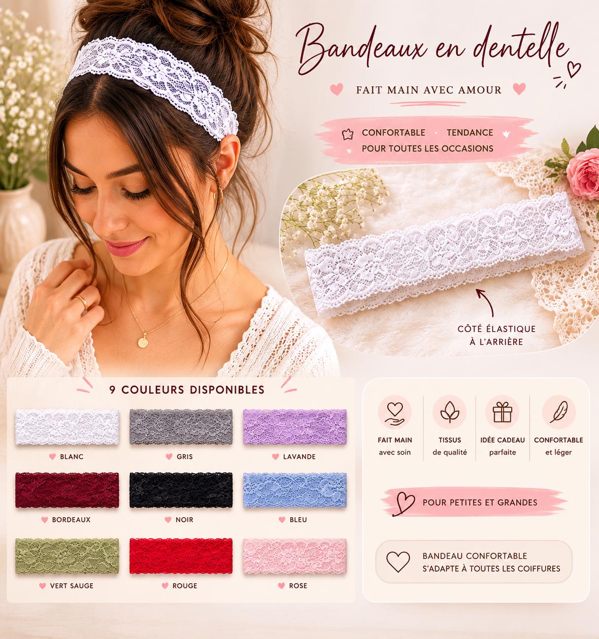 Delicate Narrow Headband with Lace Trim - Handmade in France Blush Lace Skinny Headband – Ash & Rose main image 3