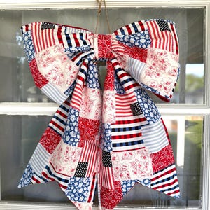 Fourth of July Door Bow, Patriotic Front Door Decor,  Large Red White Blue Bow, Faux Patchwork Bow, Americana Porch Decor, Memorial Day Gift