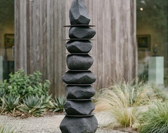 Modern Stone Totem Sculpture Floor Art  Handmade Textured Garden Art - Indoor Outdoor Decor