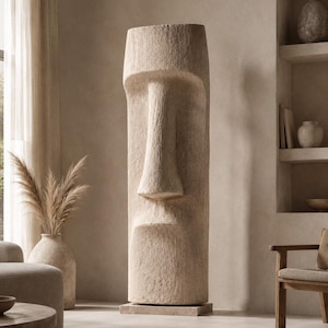 Handcrafted Large Stone Face Totem Sculpture | Faux Limestone Moai Statue, Wabi Sabi Floor Art