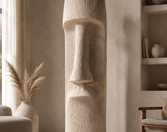 Handcrafted Large Stone Face Totem Sculpture | Faux Limestone Moai Statue, Wabi Sabi Floor Art