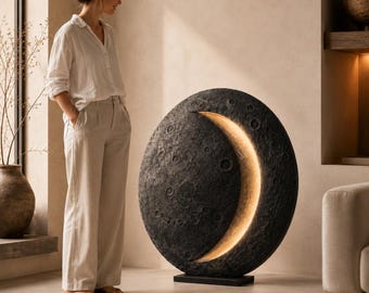 Crescent Moon Sculptural Floor Lamp, Handmade Lunar Light Art Object for Bedroom Decor