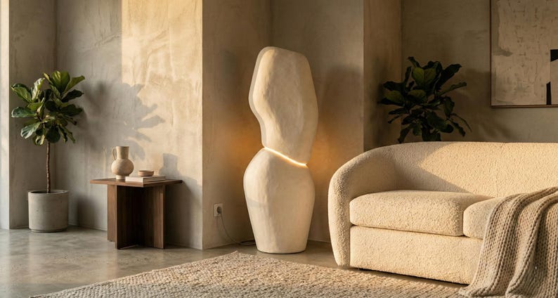 Puede incluir: Un sal&oacute;n moderno con una gran l&aacute;mpara de pie abstracta. La l&aacute;mpara de color crema emite una luz c&aacute;lida, colocada junto a un sof&aacute; curvo de color crema. Una planta en maceta y una mesa auxiliar con decoraci&oacute;n completan la escena.