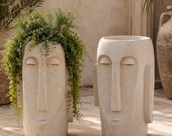 Sculptural Face Planter, Stone Look Head Planter, Abstract Garden Statue, Mediterranean Patio Decor