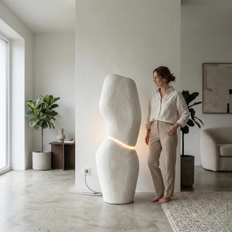 Lámpara de pie de yeso escultural, lámpara tótem orgánica, lámpara minimalista hecha a mano, decoración del hogar de estilo hormigón. imagen 1