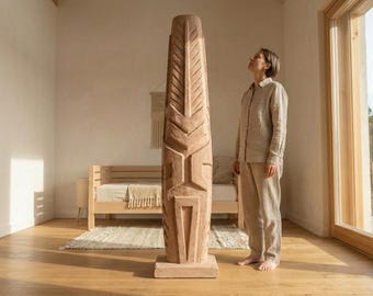 Handcrafted Large Sculptural Totem Floor Statue – Textured Mineral Plaster Art Piece – Modern Decor