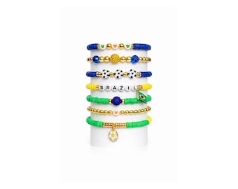 Brasilien Fußball Armband-Stack, Gelb Grün Blau Perlen Armbänder, WM Brasilien Geschenk