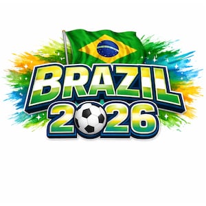 May include: A colourful graphic with the Brazilian flag and the text "BRAZIL 2026". A football is placed below the text. The design uses green, yellow, blue, and white, with a splash effect. A design for a football event.
